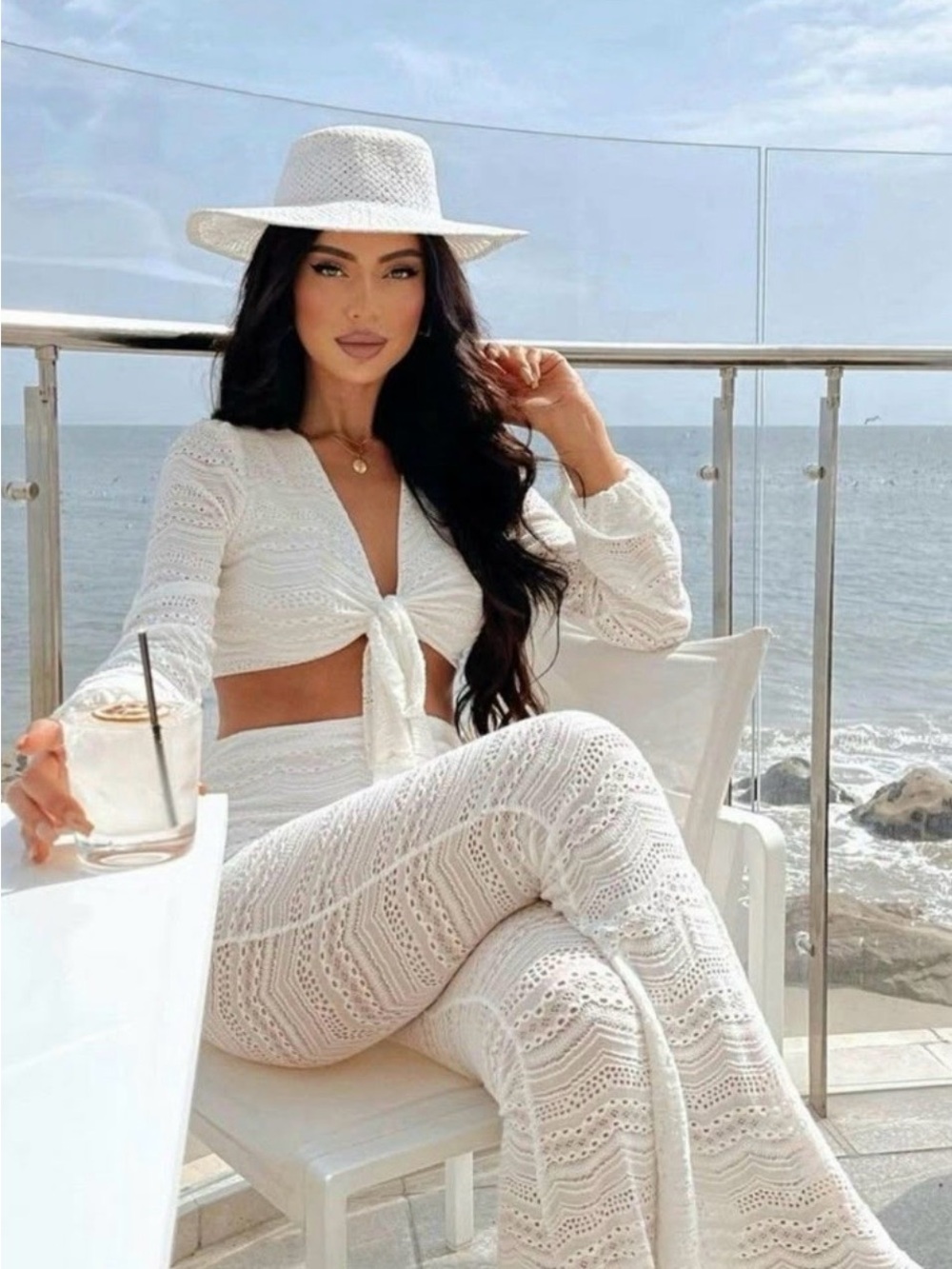 Fashion Nova Cream Crochet Tie-Front Crop Top & Wide-Leg Pants Set